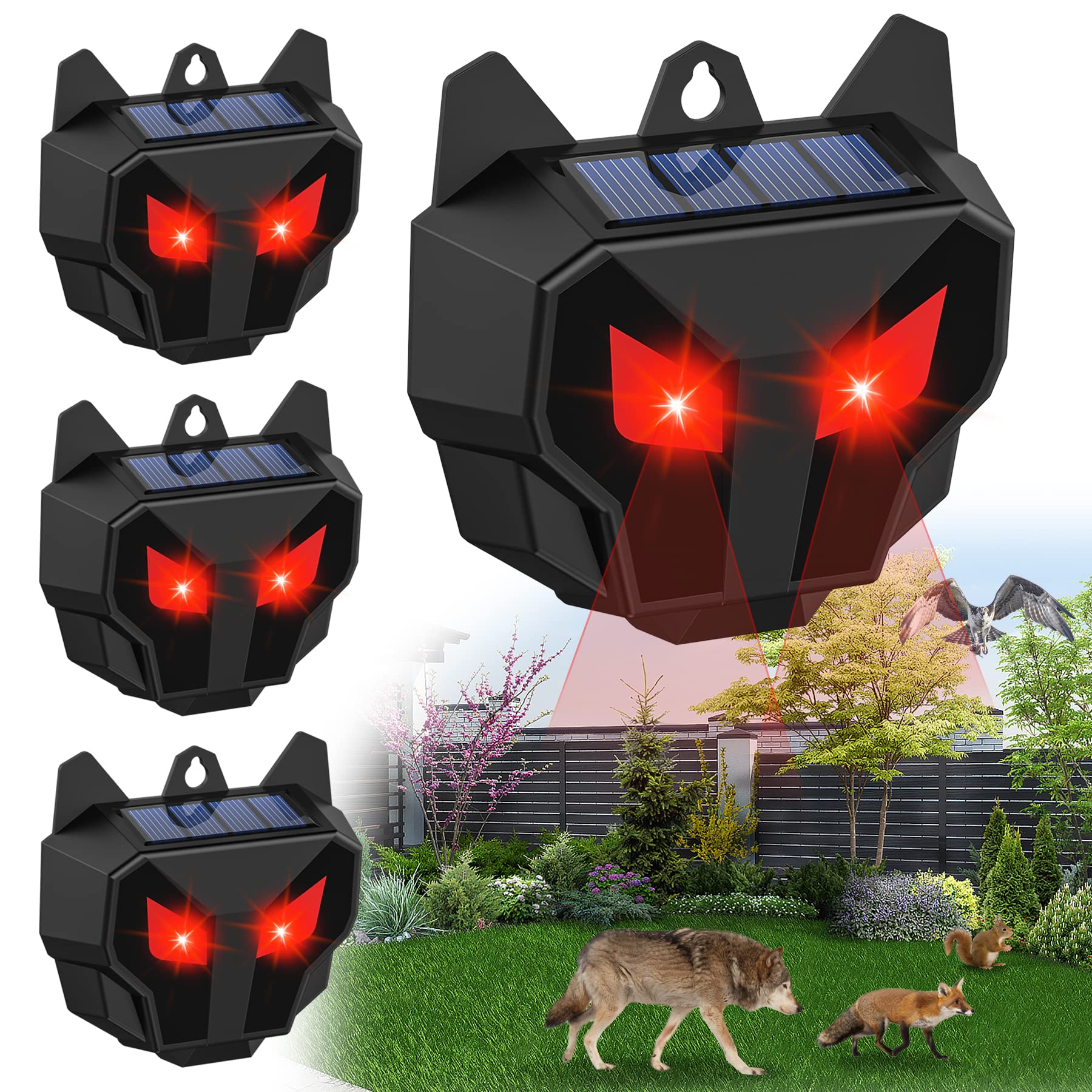 4 Pack Solar Powered Nocturnal Animal Repeller - Waterproof Outdoor Predator Deterrent with Red LED Lights for Chicken Coops, Gardens & Yards | Repels Dogs, Cats, Skunks, Wolves, Deer, Coyotes, Foxes & Raccoons | Perfect for Farm, Ranch & Backyard Protection