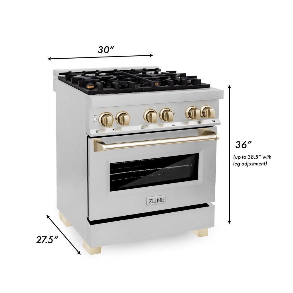 ZLINE RAZ 30 G 30-inch 4.0 cu.ft Dual Fuel Range - Stainless Steel Gas Stove with 4 Burners & Electric Convection Oven - Polished Gold Accents - Professional Kitchen Appliance for Home Chefs & Cooking Enthusiasts