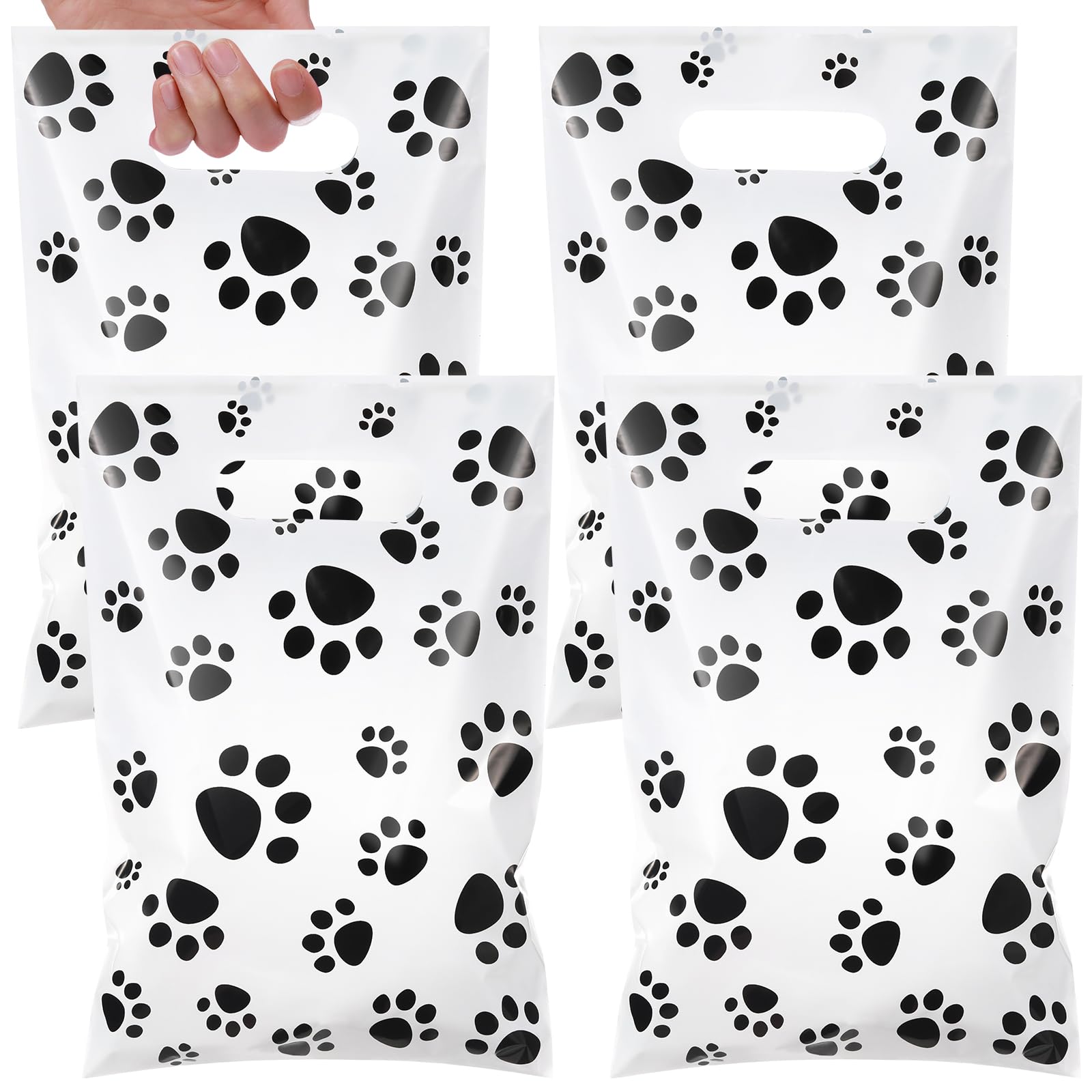 Pasimy 100 Pcs Dog Paw Print Plastic Treat Bags with Handle - Bulk Pet Party Favor Candy Goodie Bags for Dog Birthday, Puppy Shower & Holiday Celebrations (White & Black) - Perfect for Dog Treats, Party Decorations & Gift Giving