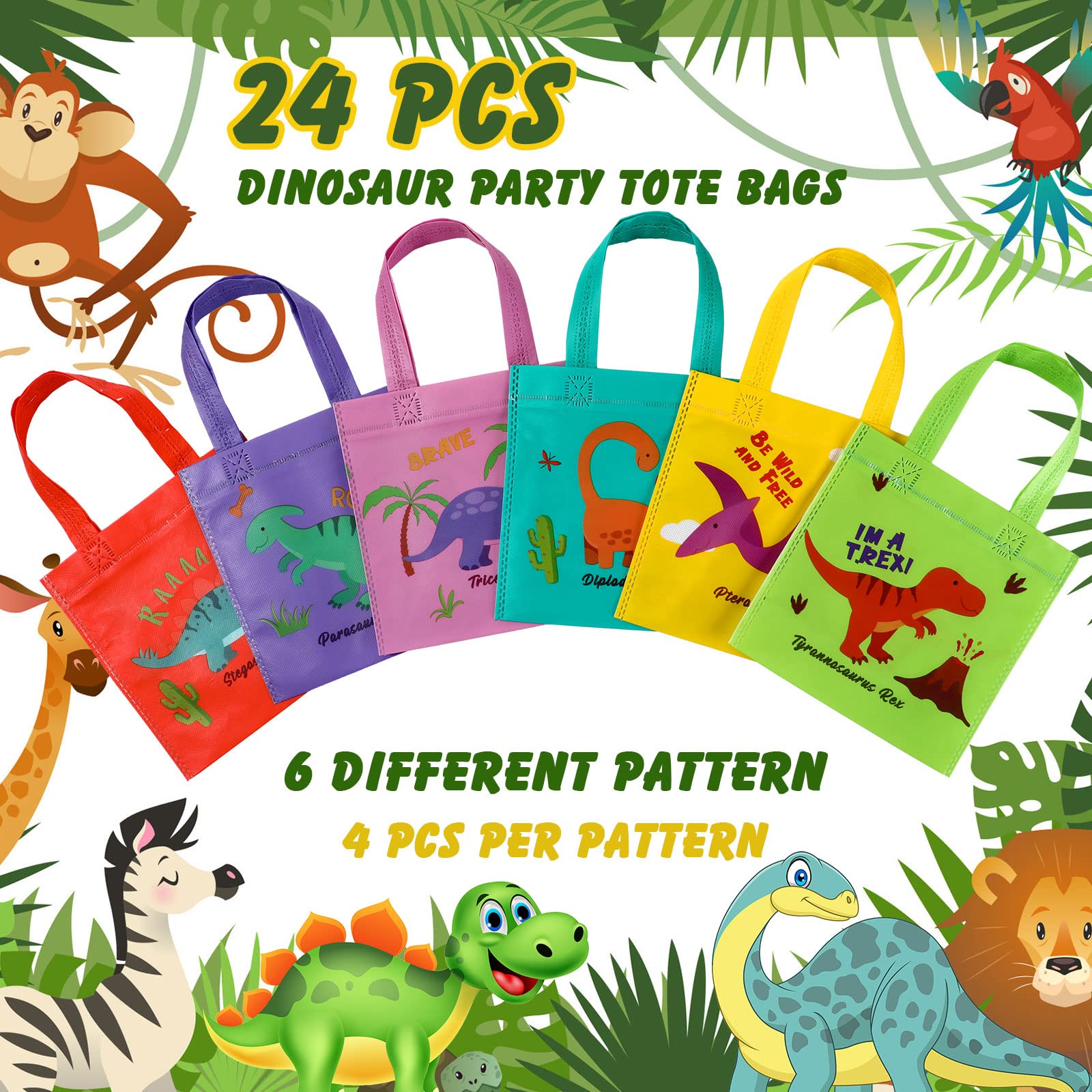 24-Piece Dinosaur Party Favor Bags - Reusable Non-Woven Tote Treat Bags with Handles for Kids Birthday, Dino Themed Party Decorations & Candy Goodie Bags | Perfect for Dinosaur Birthday Parties, Classroom Rewards, and Halloween Treat Bags