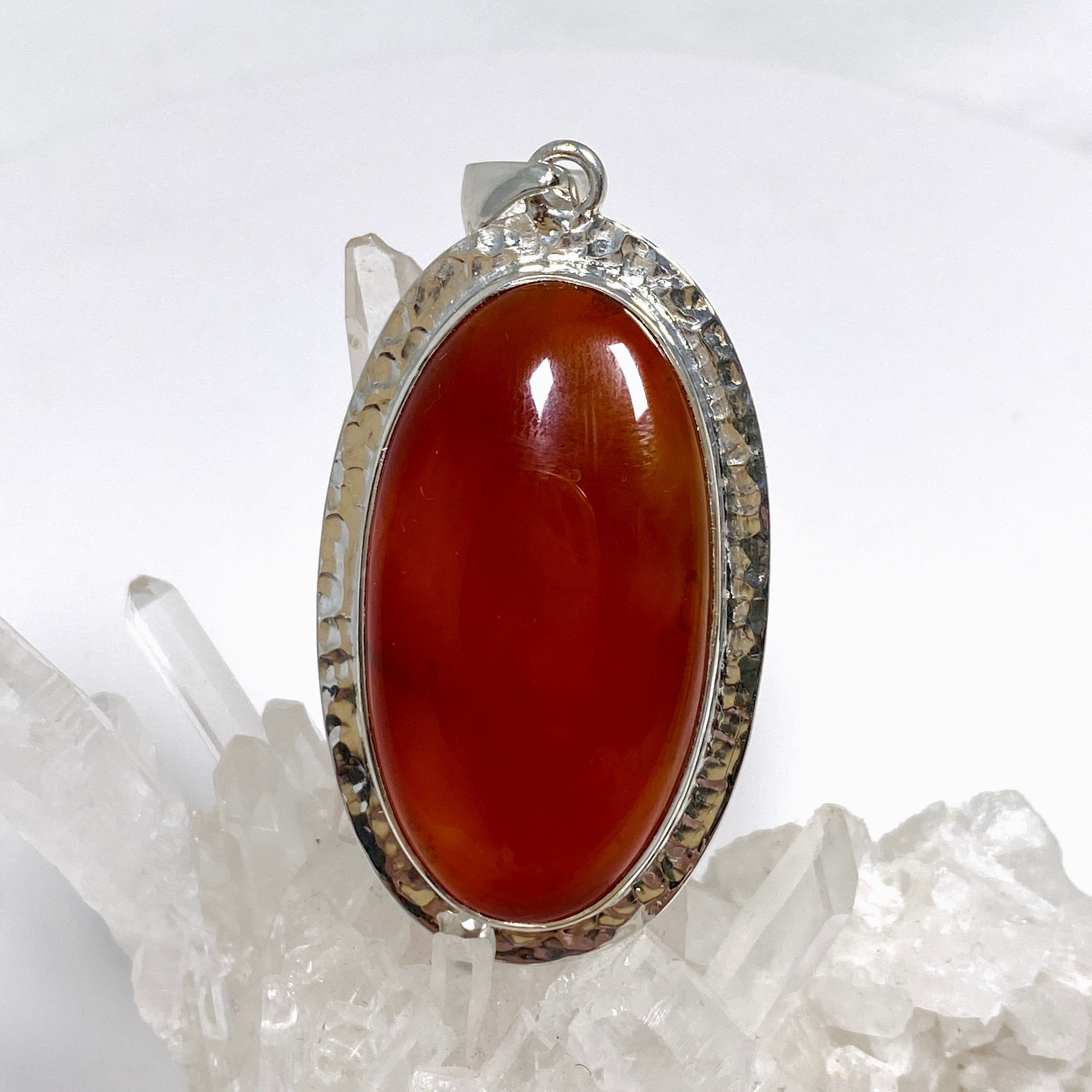 Natural Carnelian Oval Pendant with Decorative Hammered Setting - KPGJ4580 | Handmade Gemstone Jewelry for Women, Gift for Her, Boho Chic Necklace for Everyday Wear & Special Occasions