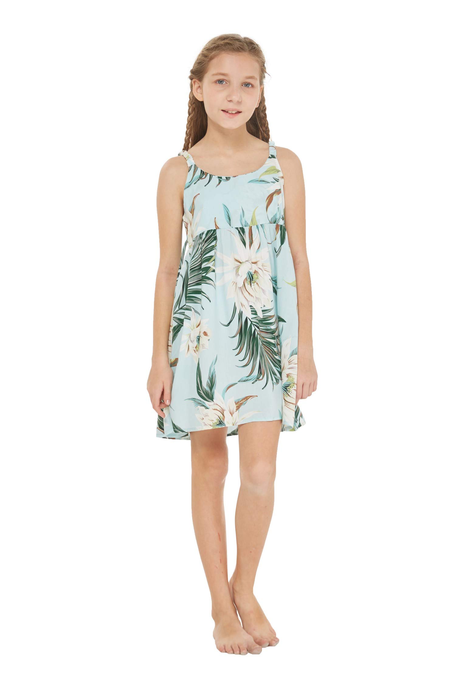 Matching Mother Daughter Hawaiian Luau Fairy Dresses with Elastic Straps - Light Blue Wispy Cereus for Beach Parties, Family Photos & Special Occasions