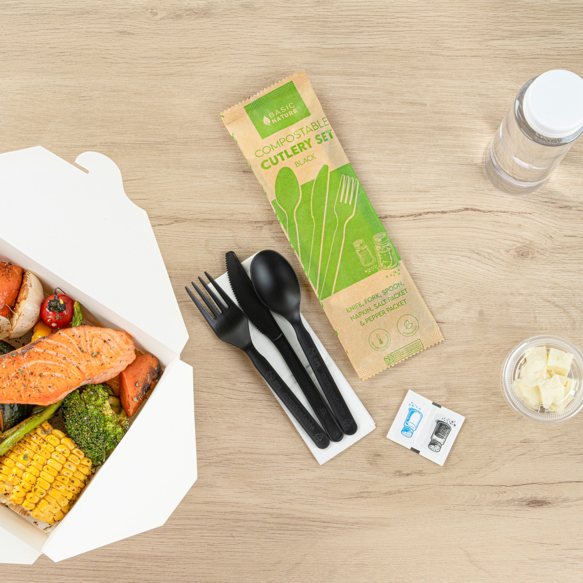 Eco-Friendly Black PLA Plastic Cutlery Set with Napkins & Salt/Pepper Packets - 500 Count Compostable Cutlery Kit (6.25