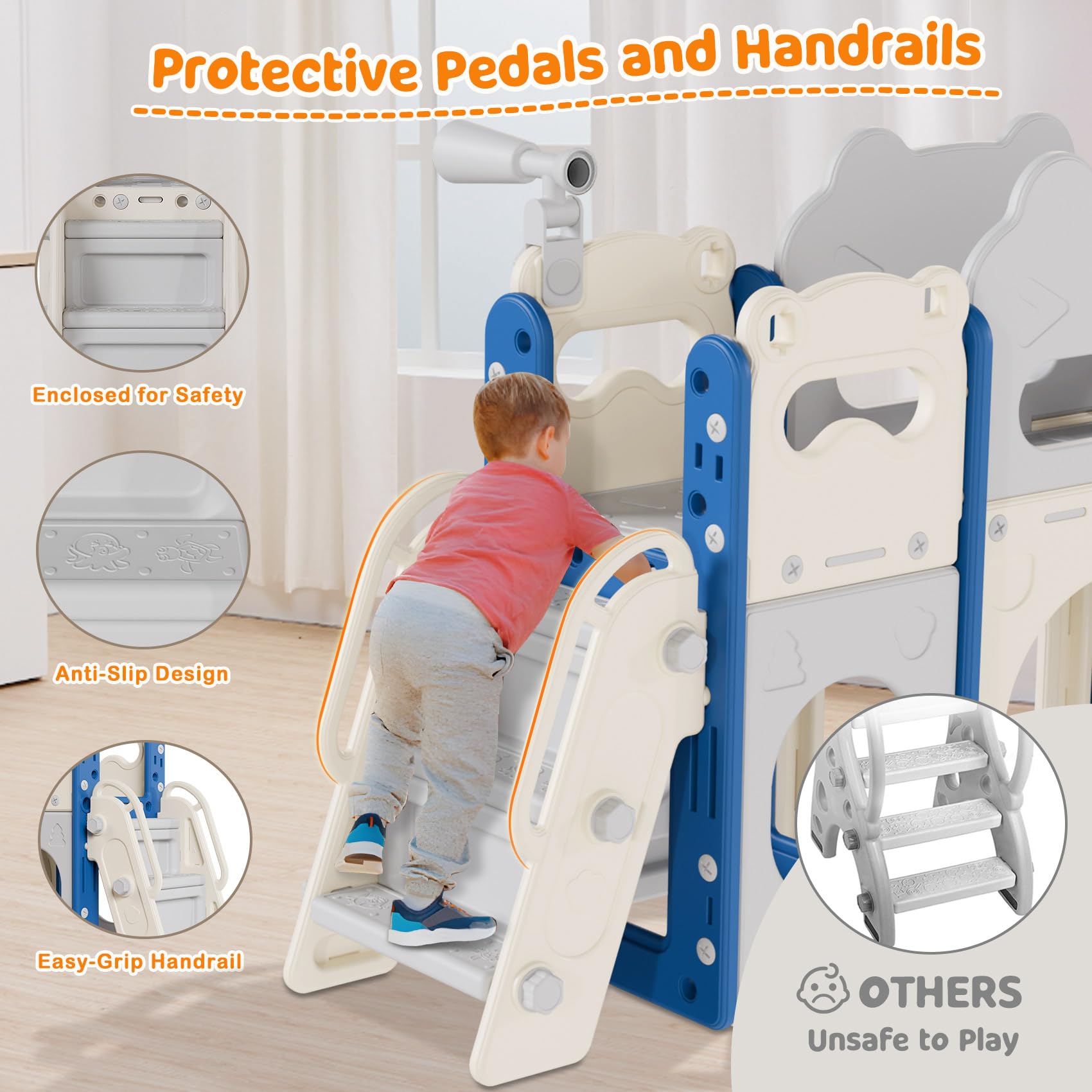 **Babytronic 8-in-1 Toddler Slide Set for Kids Ages 1-3 – Indoor & Outdoor Playground with Basketball Hoop & Telescope – Blue & Gray Baby Slide for Home, Backyard, Daycare & Playroom Fun**