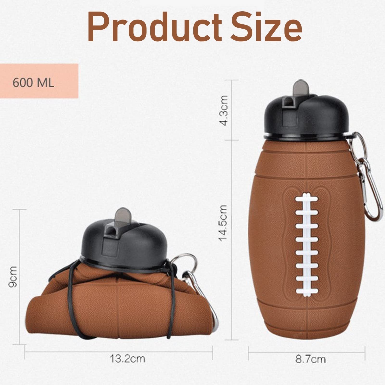Collapsible Water Bottle 600ml - BPA Free, Food Grade Silicone, Lightweight & Portable for School, Sports, Travel - Rugby Shape Design, Large Capacity, Easy to Carry for Outdoor Activities, Gym & Daily Hydration