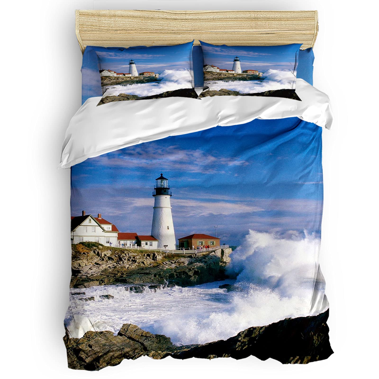 Laibao Twin Size Duvet Cover Set - Ocean Beach & Tower Scenic Design, Soft Breathable Bedding Comforter Cover with 2 Pillowcases & 1 Flat Sheet (4-Piece Set) for Boys & Girls | Perfect for Kids' Bedrooms, Guest Rooms & Vacation Homes