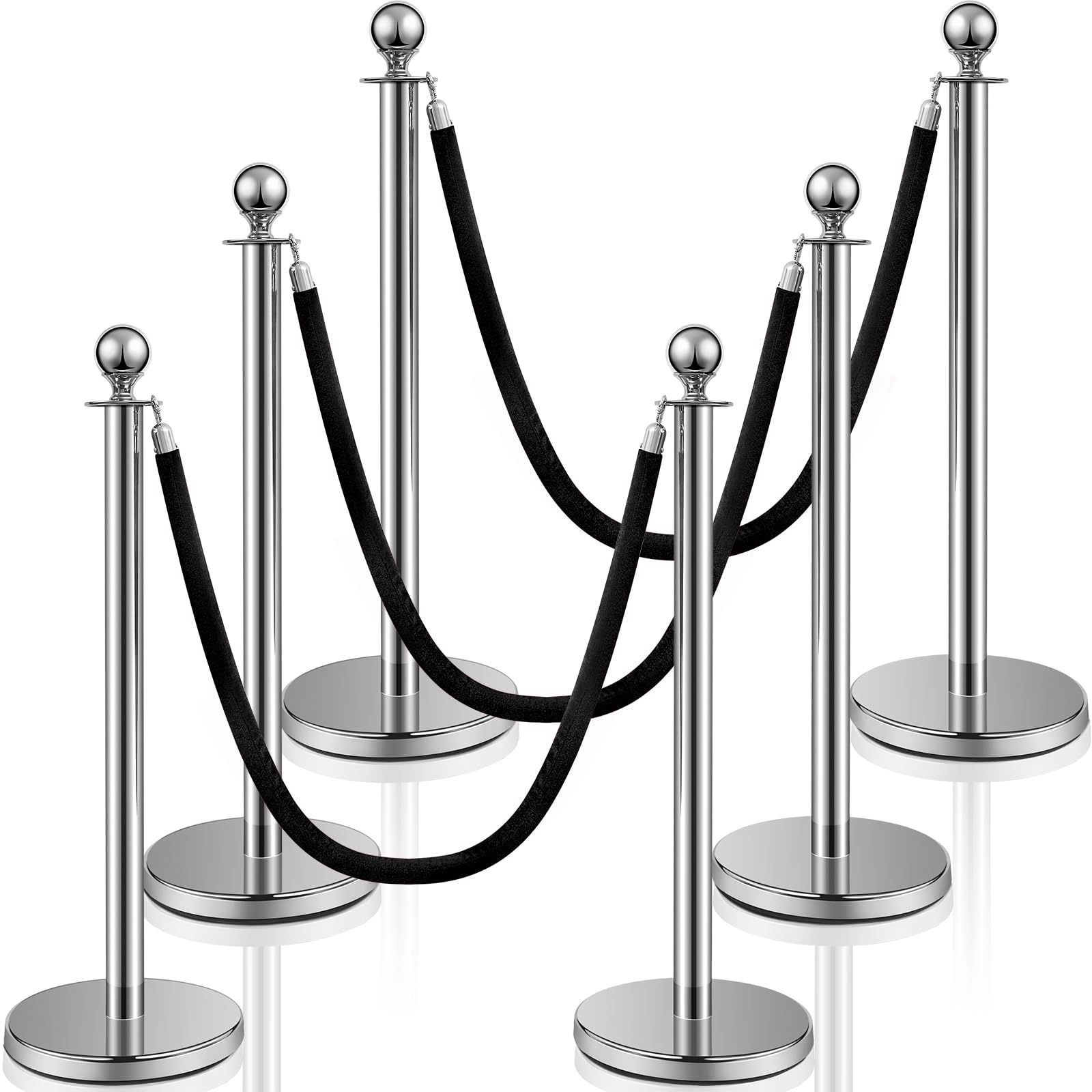 6-Pack Ferraycle 5ft Silver Stainless Steel Crowd Control Stanchions with Black Velvet Ropes - Perfect for Events, Parties, VIP Areas & Queue Management