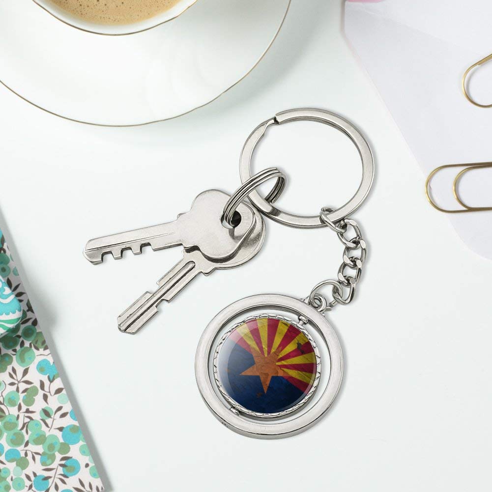 Vintage Rustic Arizona State Flag Distressed USA Keychain - Spinning Round Chrome Plated Metal Key Ring - Perfect for Travel, Gifts & Car Keys Accessories