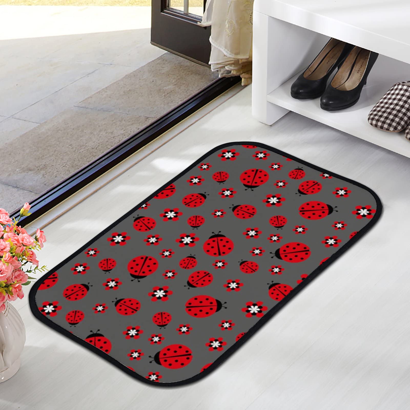 Soft Foam Non-Slip Washable Area Rug with Red Flower & Ladybug Design - 36x24 Inch Indoor/Outdoor Kitchen & Bathroom Mat for Home Decor - Perfect for Entryways, Laundry Rooms, and Pet Areas