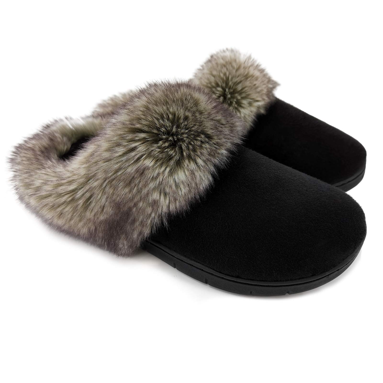 ofoot Women's Warm Faux Suede Moccasin Slippers with Memory Foam & Non-Slip Rubber Sole - Cozy Fur-Lined House Shoes for Indoor/Outdoor Wear - Perfect for Winter Lounging, Home Comfort & Quick Errands