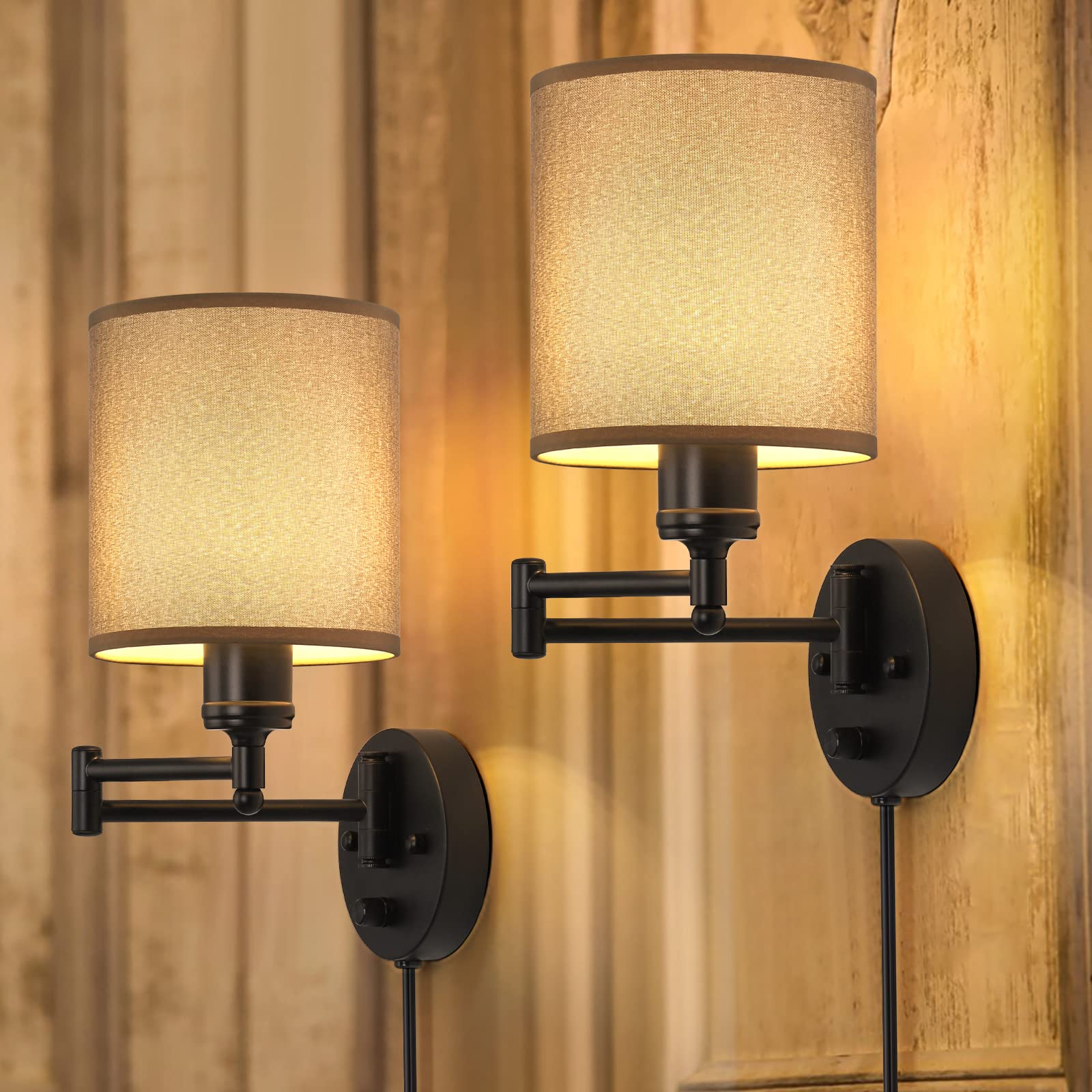 CADUKE Plug-in Swing Arm Wall Sconce Set of 2 - Modern Light Brown Lampshade Bedroom Wall Lights for Reading | Bedside Lighting Fixtures, Living Room, Dorm Decor