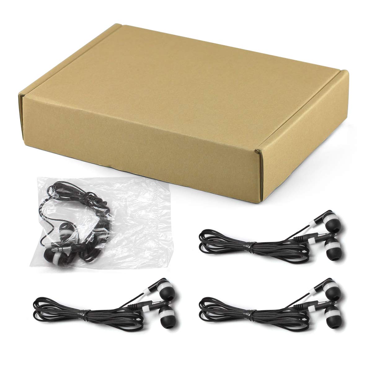 Bulk Disposable Earbuds Headphones 100 Pack - Individually Wrapped White Earphones KWA-08-W for School, Classroom, Students - Perfect for Education, Travel, Gym & Events
