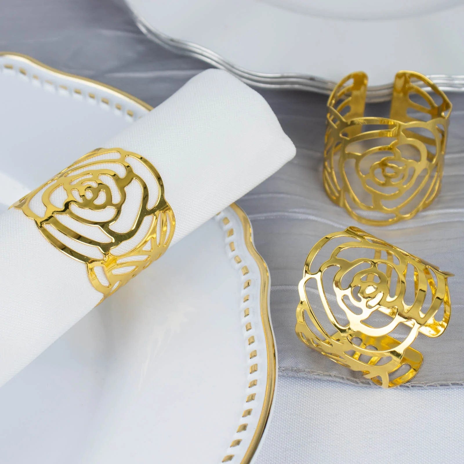 4 Pack Laser Cut Rose Flower Design Decorative Metal Napkin Rings - Gold for Wedding, Party, and Holiday Table Decor