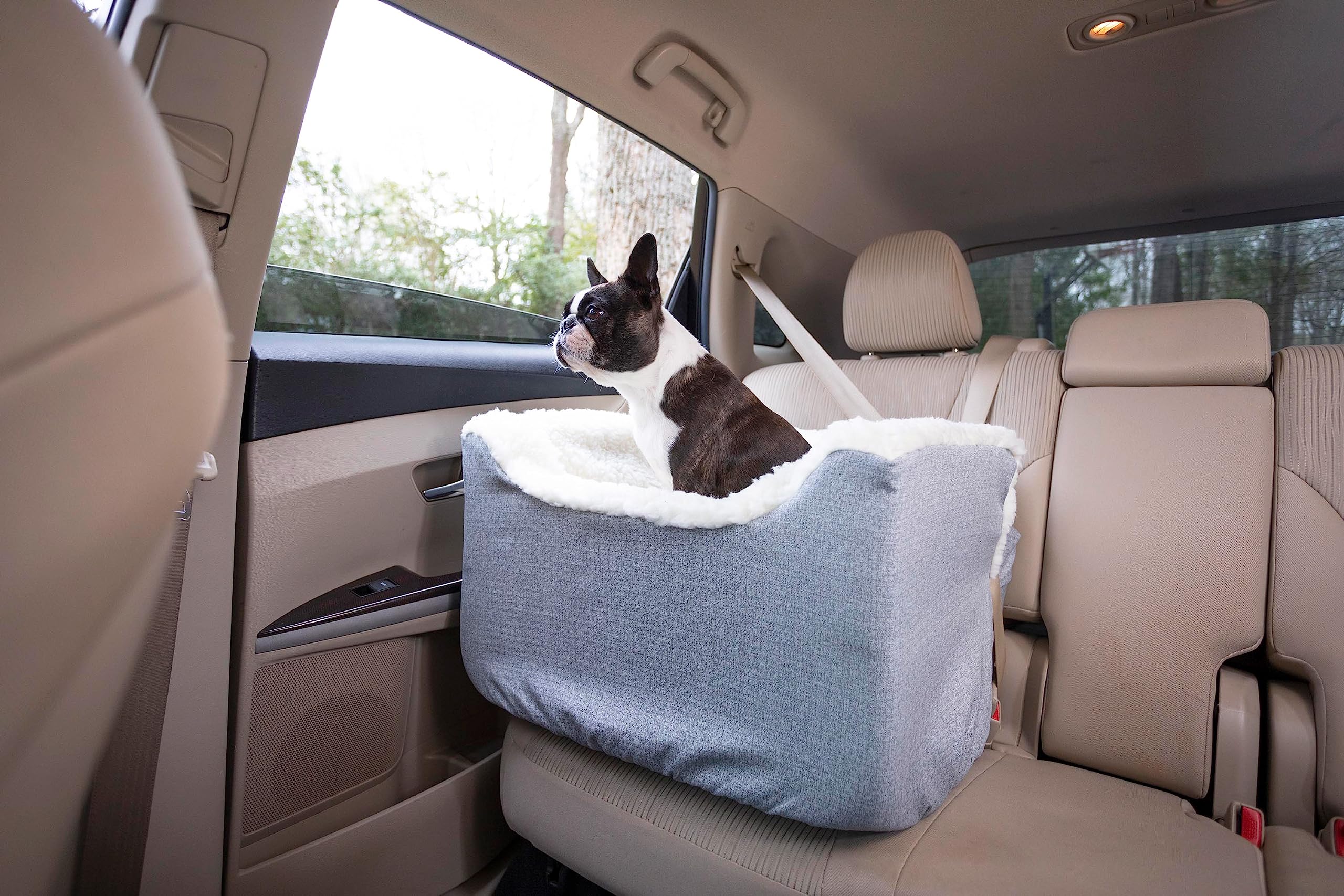 Snoozer Lookout I Dog Car Seat for Small & Medium Dogs up to 25 Lbs - Washable Sherpa Lined Pet Booster Bed with Elevated Design for Safe Travel - Medium Size in Stone Diamond | Perfect for Road Trips & Daily Car Rides with Your Puppy