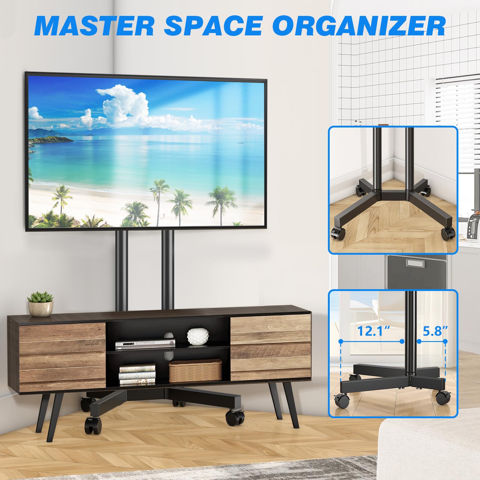 Upgraded Rolling TV Stand for 32-70 Inch TVs - Heavy Duty Mobile TV Cart with Smooth Wheels (Supports 88lbs) - Height Adjustable TV Mount Stand for Living Room, Bedroom & Office - Perfect for Home Entertainment & Space-Saving Solutions