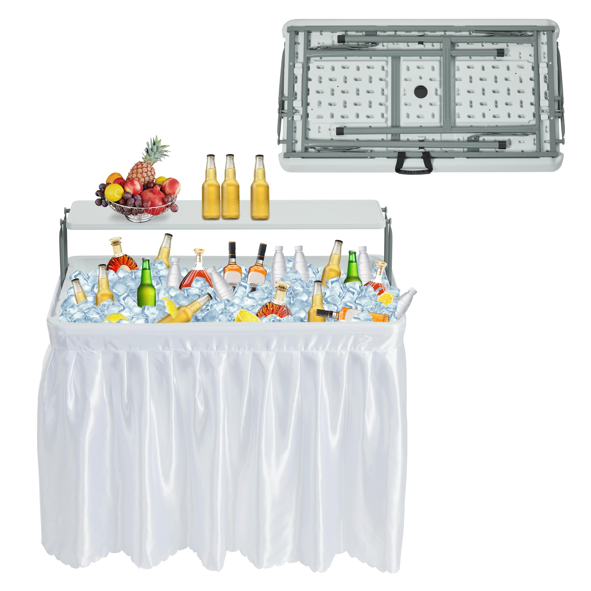 **Portable Folding Ice Cooler Table with Removable Skirt, Large Sink & Drain – Perfect for Outdoor BBQs, Camping & Tailgating Parties**