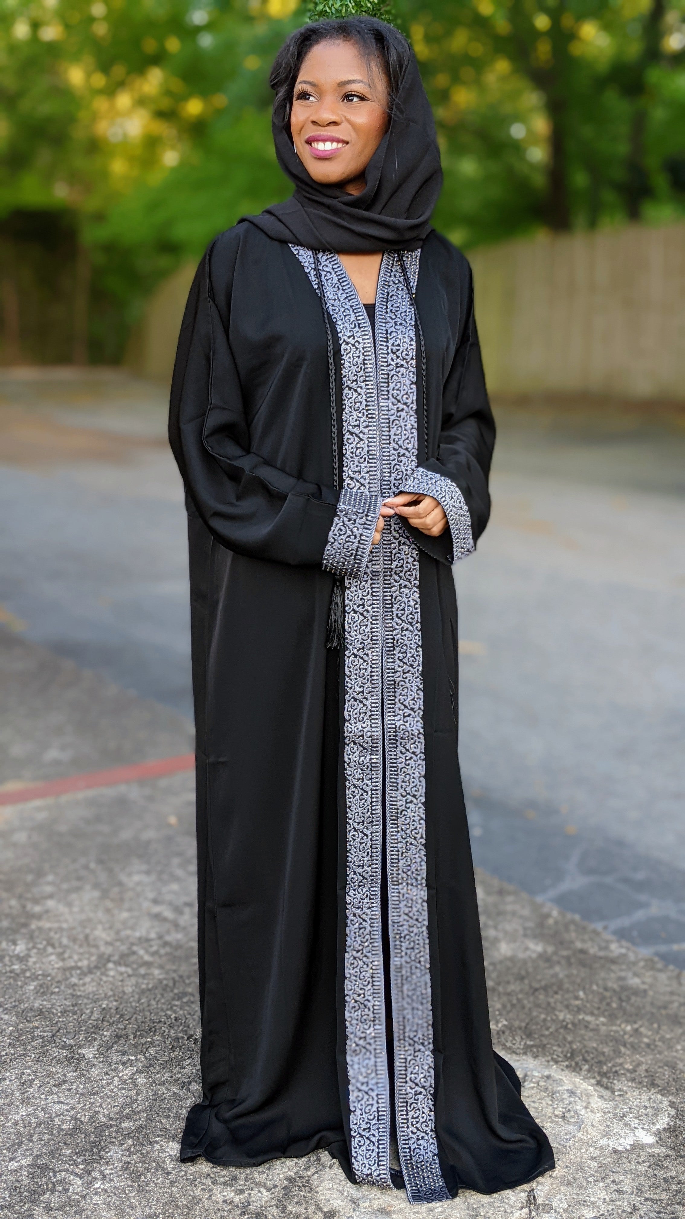 Elegant Black Aamira African Chiffon Kaftan Dress for Women - Moroccan Arabic Abaya with Silver Rhinestone & Embroidery | Perfect for Eid, Wedding, Party & Special Occasions