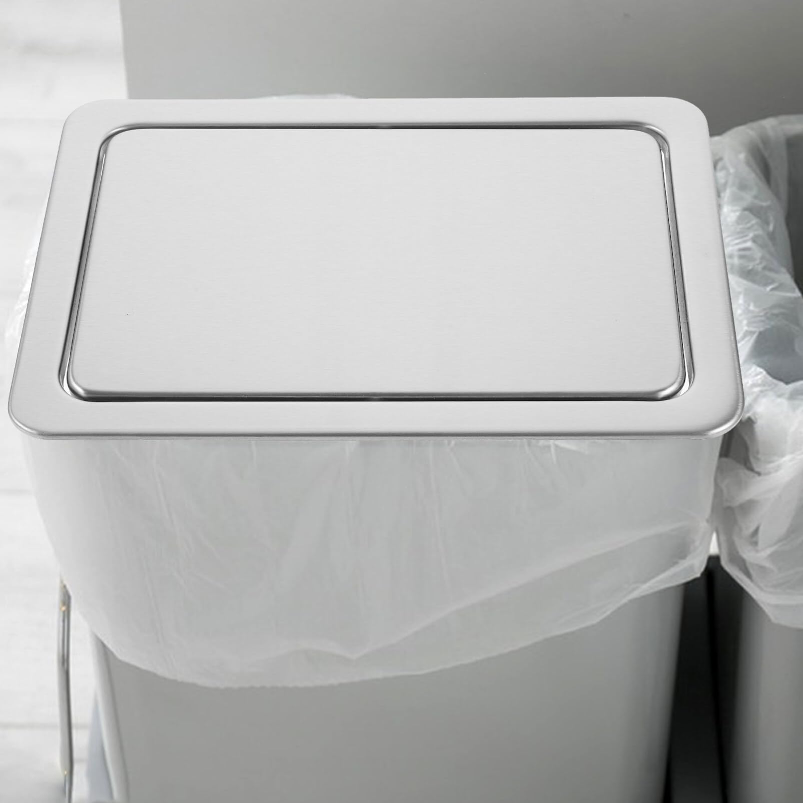 Stainless Steel Built-In Trash Can Lid with Swing Flap - Rectangle Recessed Counter Top Cover for Kitchen Garbage Bin | Durable & Easy to Install for Home, Office, or Restaurant Use