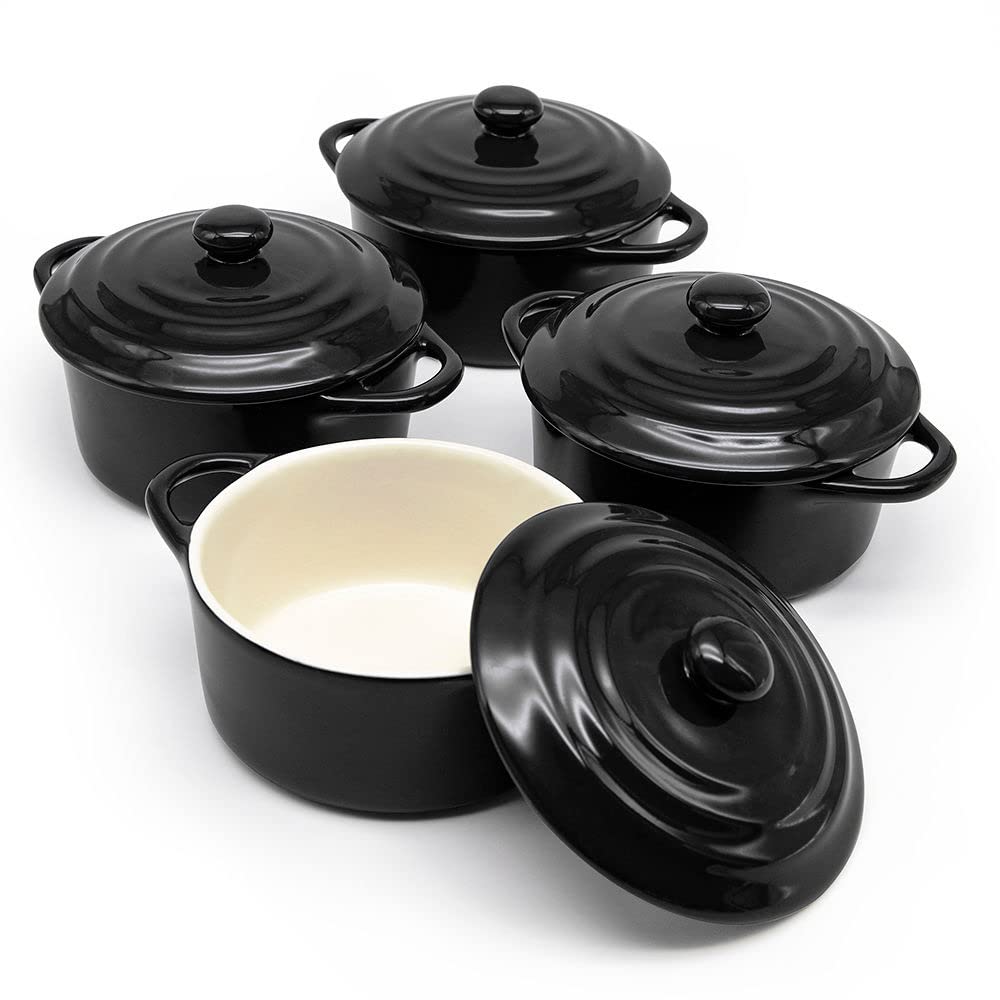 Kook Ceramic Mini Cocotte Set of 4 - 12oz Small Stoneware Casserole Dishes with Lids & Handles, Oven/Microwave/Dishwasher Safe Ramekins for Baking & Serving - Perfect for Individual Desserts, Soups & Side Dishes (Black)
