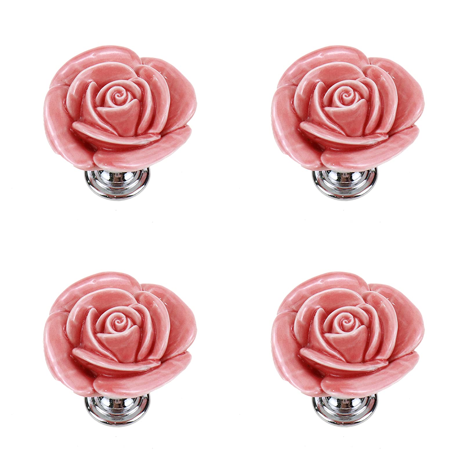 4-Piece Rose Flower Ceramic Cabinet Knobs - Pink Drawer Pull Handles for Dresser, Wardrobe & Furniture (Perfect for Bedroom, Kitchen & Bathroom Decor)