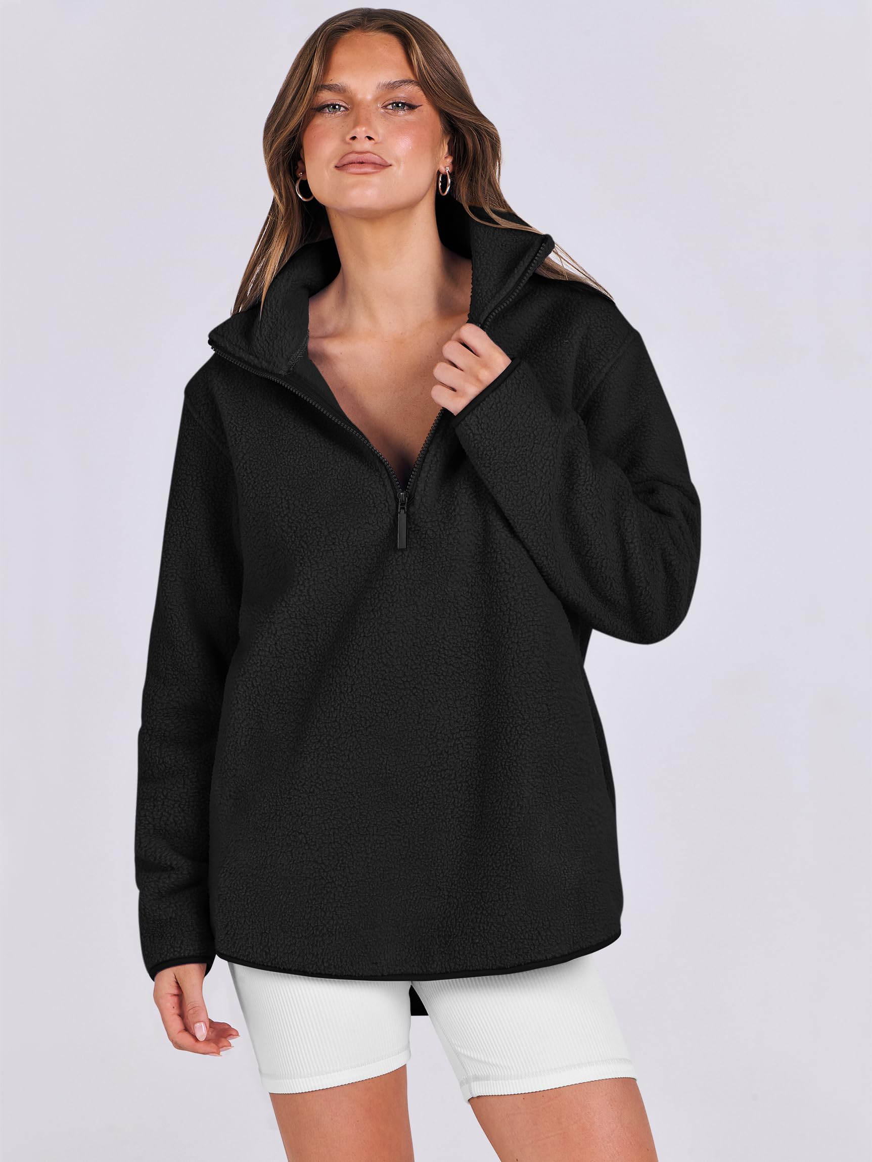 ANRABESS Women's Oversized Sherpa Fleece Half-Zip Sweatshirt with Fuzzy Collar | Cozy Quarter Zip Pullover for Fall & Winter 2025 | Casual Outerwear for Cold Weather, Lounging & Outdoor Activities