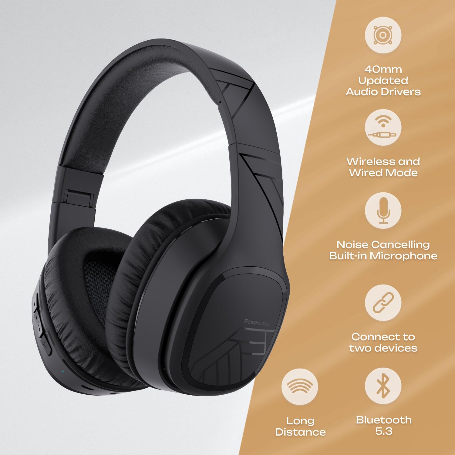 PowerLocus Bluetooth Over-Ear Headphones with Microphone, Wireless Headset with 50-Hour Playtime, Foldable Design & Deep Bass Hi-Fi Stereo Sound - Perfect for Travel, Work, Gaming, Cellphone & PC Use