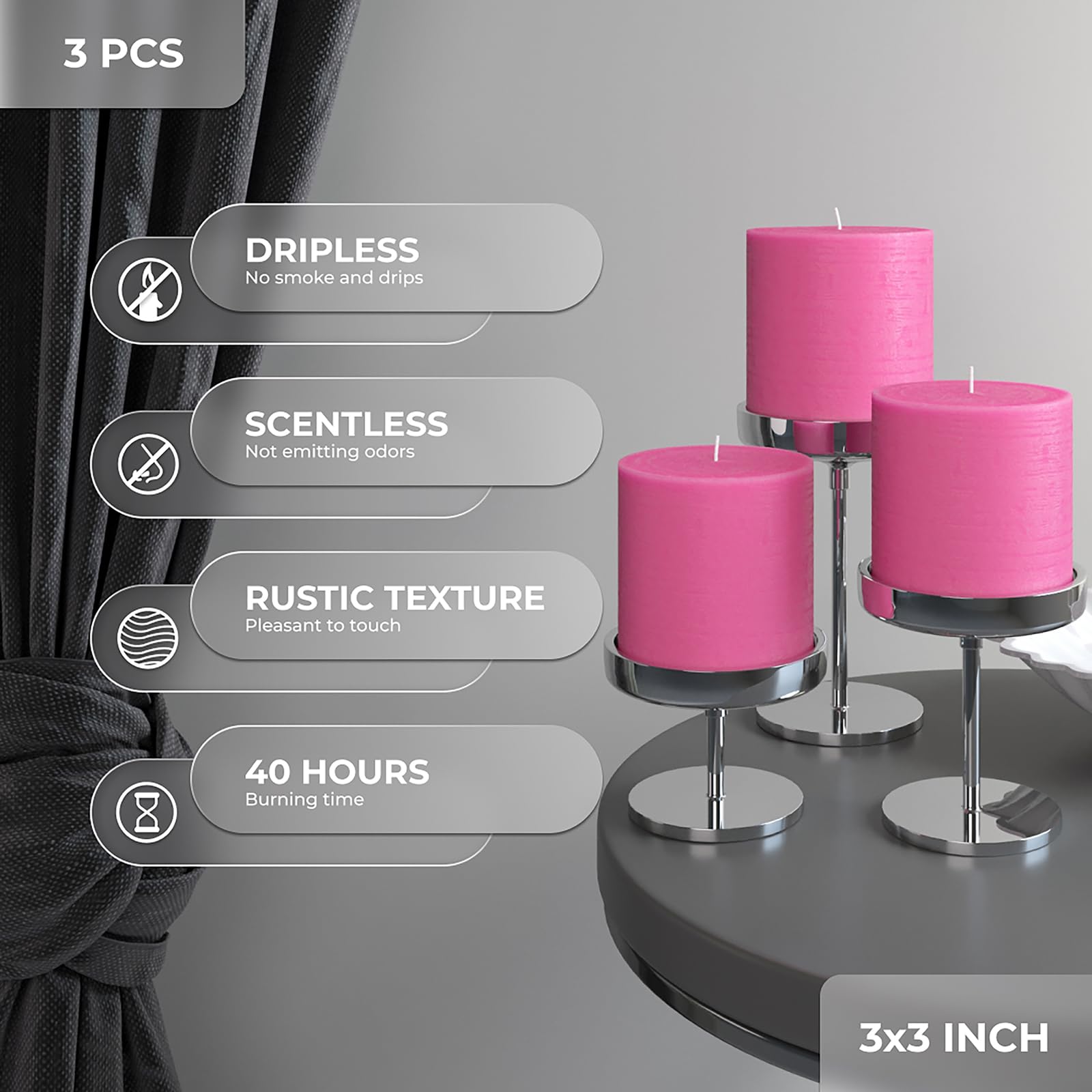 3x3 Inch Unscented Pillar Candles Set of 3 - Rustic Decorative Dinner Candles for Wedding & Home Decor - Hot Pink Large Candles for Centerpieces, Tablescapes & Romantic Ambiance