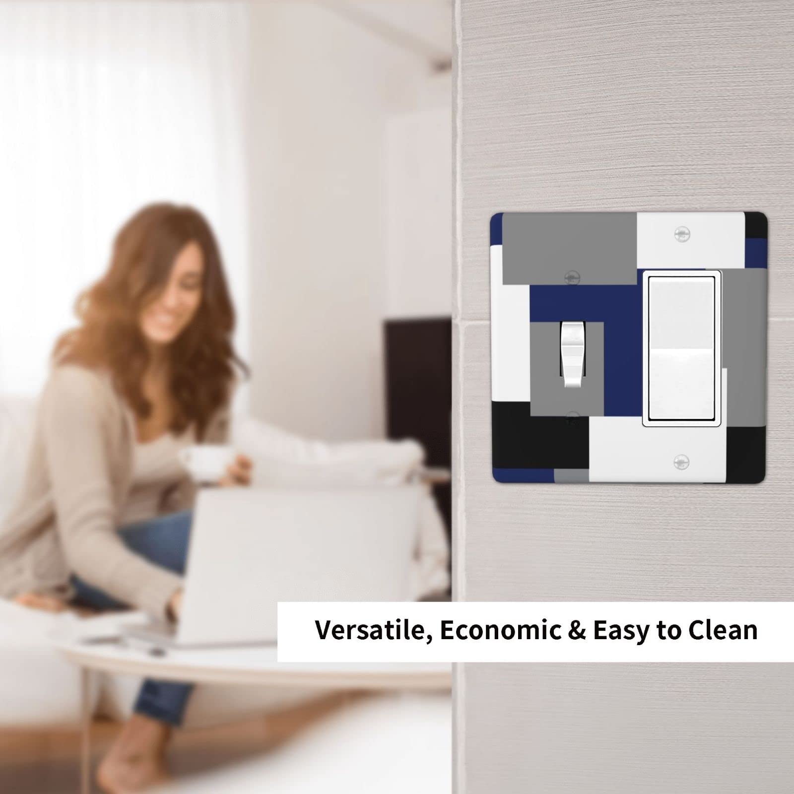 Abstract Blue Gray 2 Gang Outlet Cover - Decorative Light Switch Plate for Living Room & Bedroom - Single Toggle Switch Faceplate (4.5