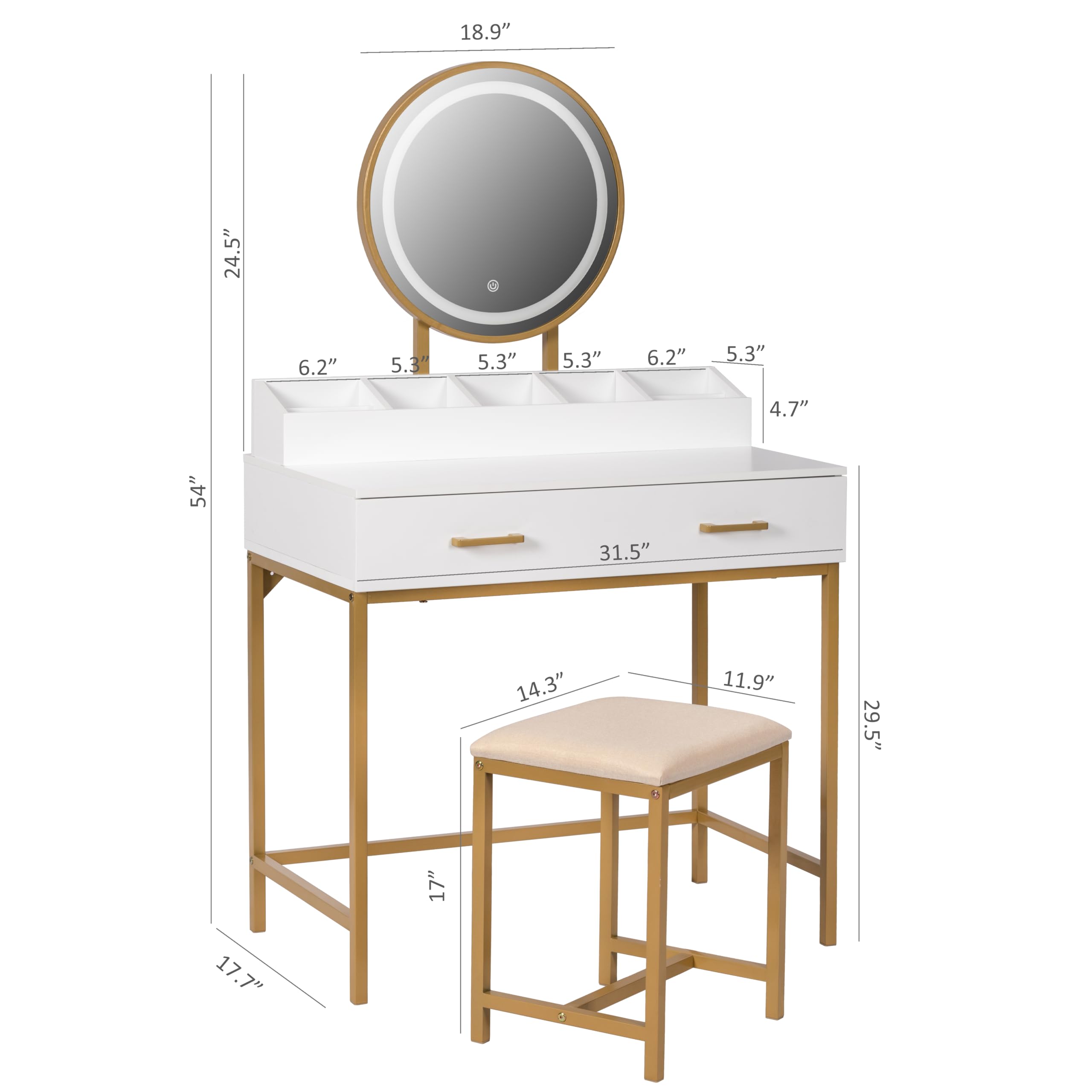 UTEX Makeup Vanity Desk with LED Mirror & 3 Lighting Modes, White and Gold Dressing Table with Drawers & Cushioned Stool - Perfect for Bedroom, Beauty Salon & Home Decor
