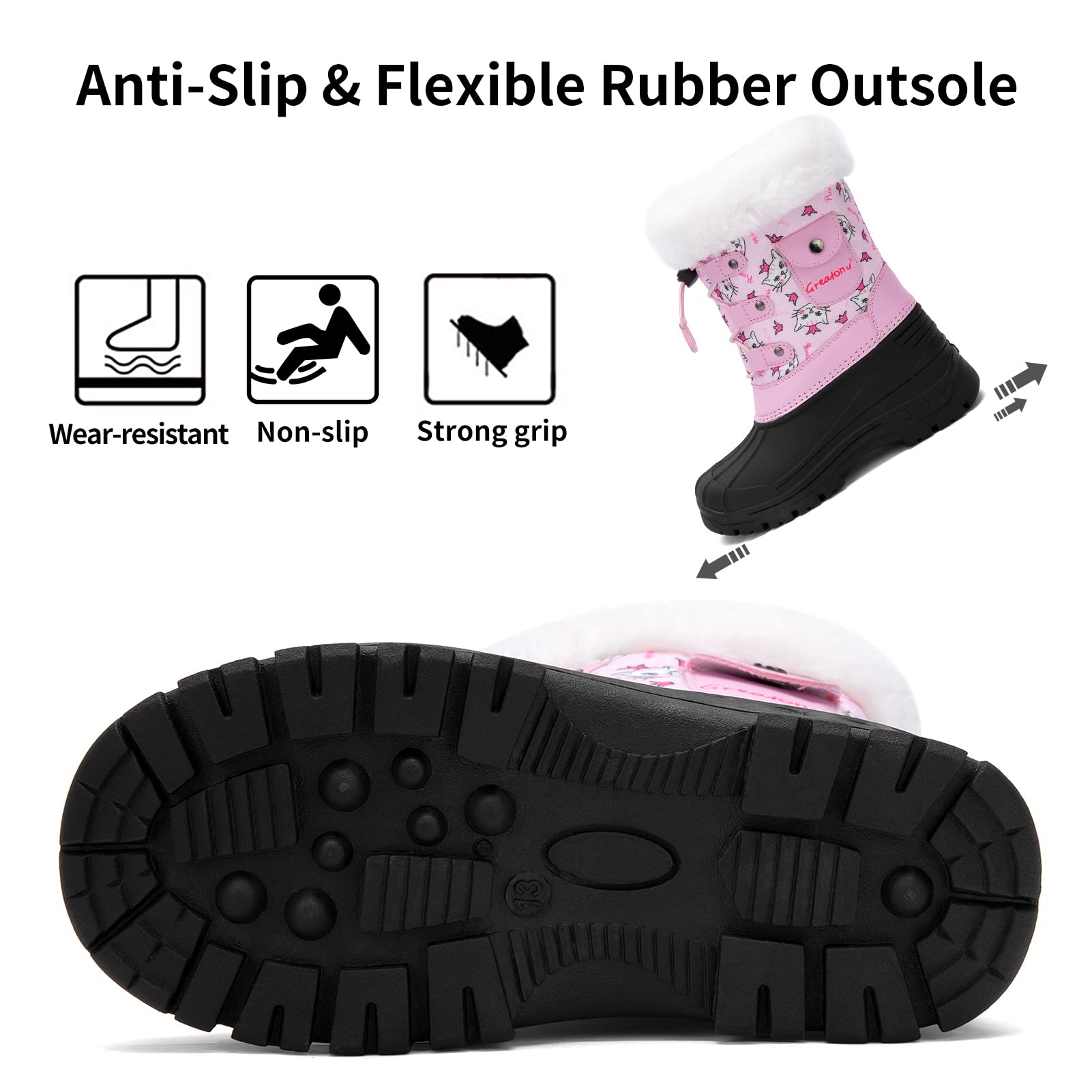 Greatonu Waterproof Insulated Kids Snow Boots for Boys & Girls - Mid Calf Winter Duck Boots for Snow Play, School & Outdoor Activities