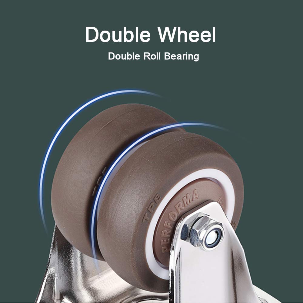 40mm Double Wheels Swivel Stem Casters (4 Pack) - M8x25mm Bolt - 50kg Capacity - TPE Rubber Office Chair Replacement Wheels - Heavy Duty Furniture Trolley Casters with Brake - Perfect for Office Chairs, Workstations, and Industrial Equipment