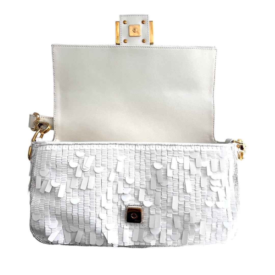 Fendi White Sequin Baguette Bag - Luxury Designer Handbag for Women | Perfect for Parties, Weddings & Evening Events