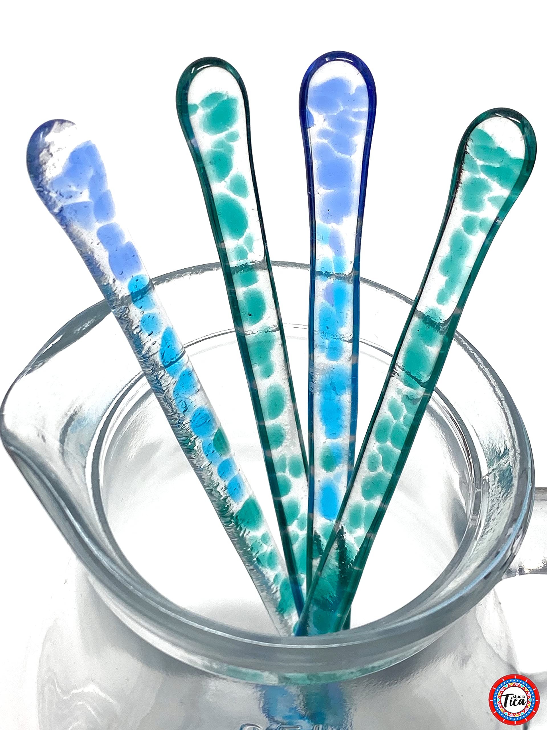 Handmade Costa Rican Sea Glass Stirrer Sticks - Set of 4 (7.25 Inch) - Perfect for Cocktails, Coffee, Tea & Hot Chocolate - Gift Box Included - Ideal for Bars, Cafes, Home Use & Party Favors