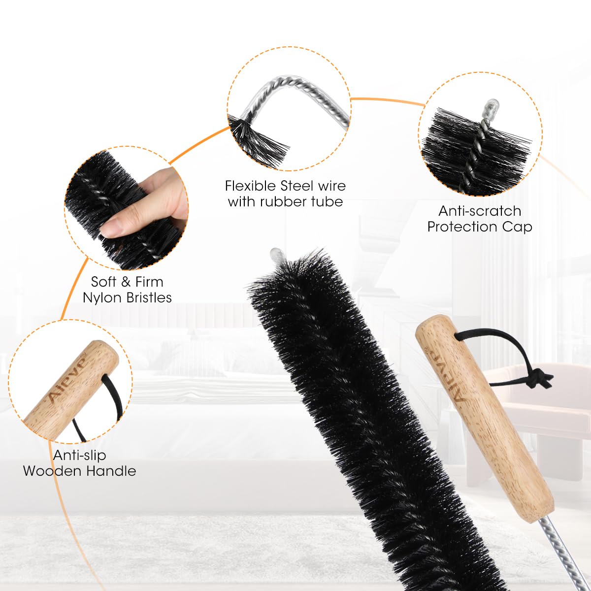 Aieve 80CM Flexible Radiator Cleaning Brush with Wood Handle - Long Duster for Heater, Dryer Lint, Washing Machine & Hard-to-Reach Areas - Perfect for Home Cleaning and Appliance Maintenance