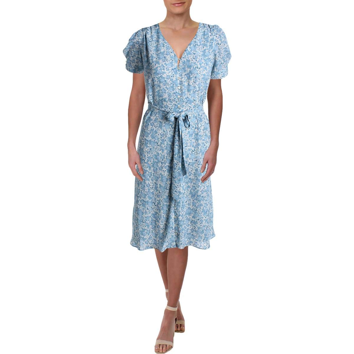 LAUREN RALPH LAUREN Women's Petite Floral V-Neck Casual Dress - Blue Size 6P | Perfect for Spring Outings, Brunch Dates & Office Wear