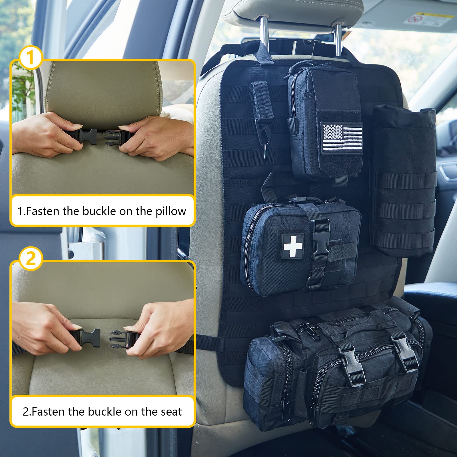 Tactical Car Seat Back Organizer Bag - Universal Molle Vehicle Organizer Panel with 4 Detachable Pouches for Ford, Jeep, Truck & SUV - Durable Car Storage for Road Trips, Camping & Outdoor Adventures (Black)