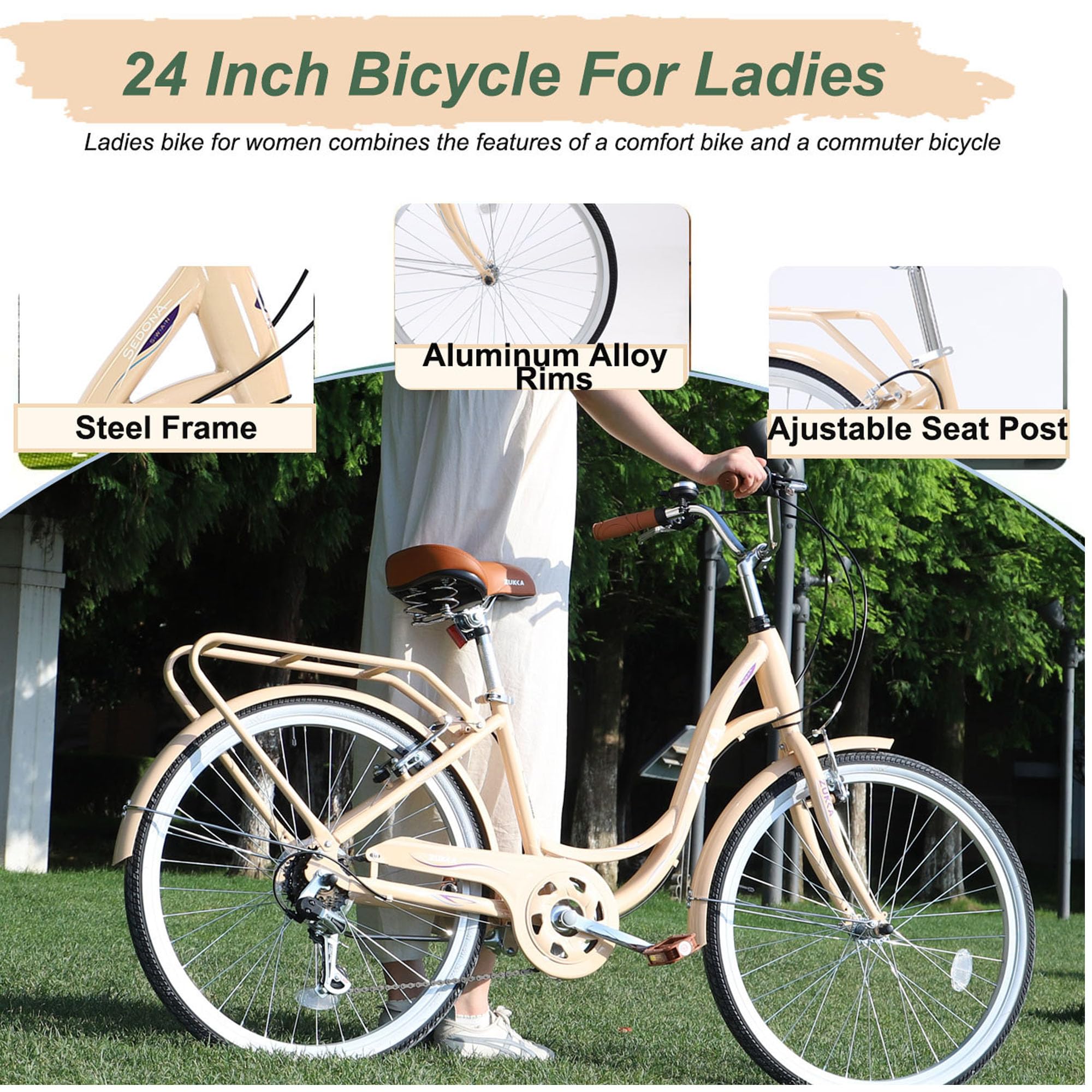 ZUKKA 24/26 Inch Women's Beach Cruiser Bike - 7 Speed City Bicycle with Dual V-Brakes & Adjustable Seat - Comfortable Adult Cruiser for Women & Men in Multiple Colors - Perfect for Beach Rides, City Commuting & Leisure Cycling