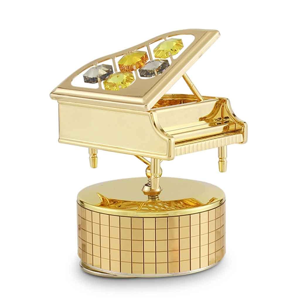 Gold Plated Wind Up Music Box with Crystal Studded Grand Piano - Elegant Table Ornament & Gift for Musicians | Christmas, Valentine's Day Present | Perfect for Home Decor, Wedding Favors & Special Occasions