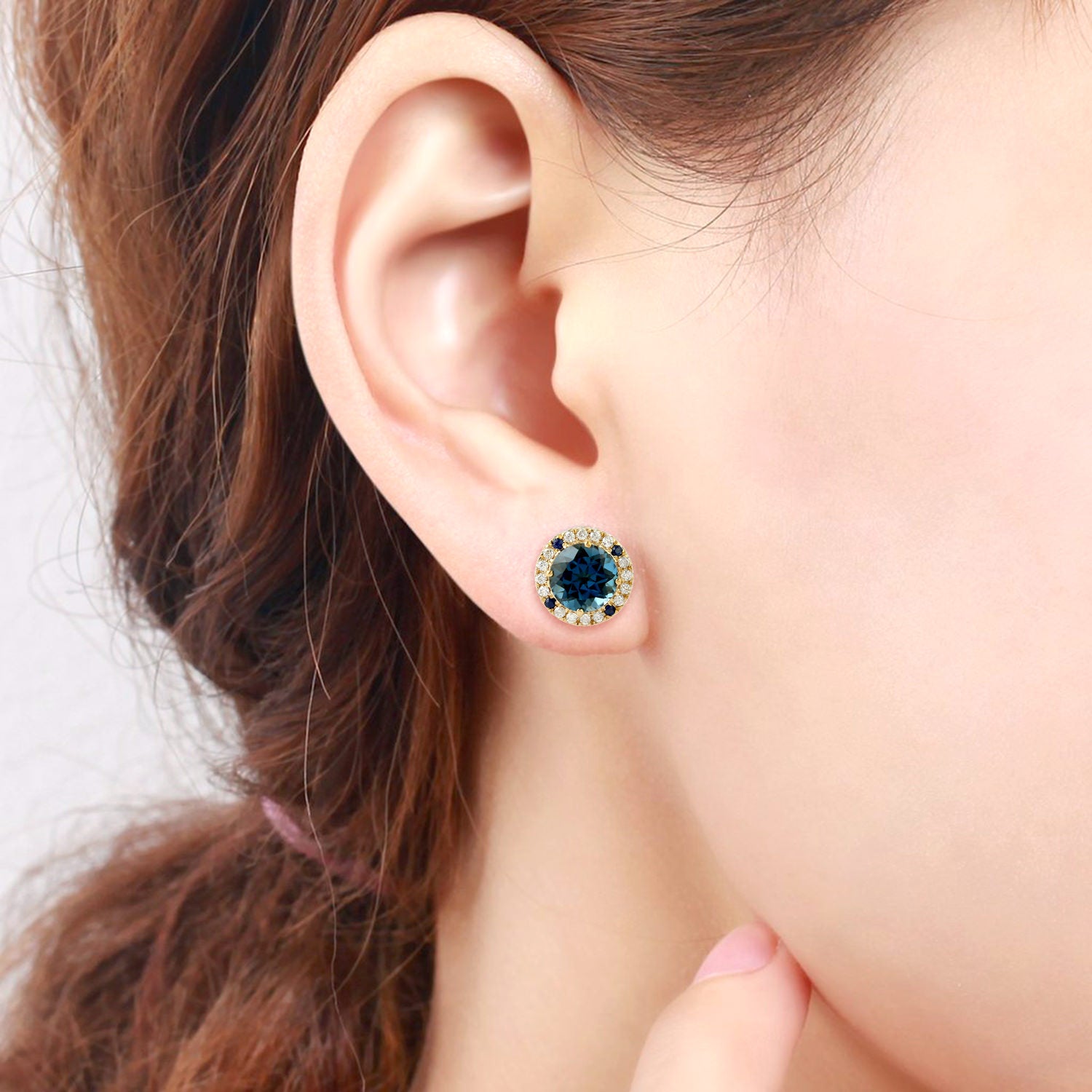 London Topaz & Blue Sapphire Diamond Stud Earrings in 14K Gold - Elegant Pave Setting for Women, Perfect for Weddings, Parties & Special Occasions
