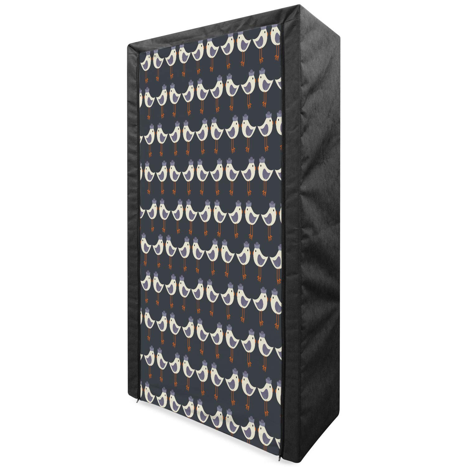 Ambesonne Birds Portable Fabric Wardrobe - Funny Cartoon Birds in Hats Retro Pattern Closet Organizer with Shelves, 33.5 Inch Multicolor Clothing Storage | Perfect for Bedroom, Kids Room, Dorm & Small Space Organization