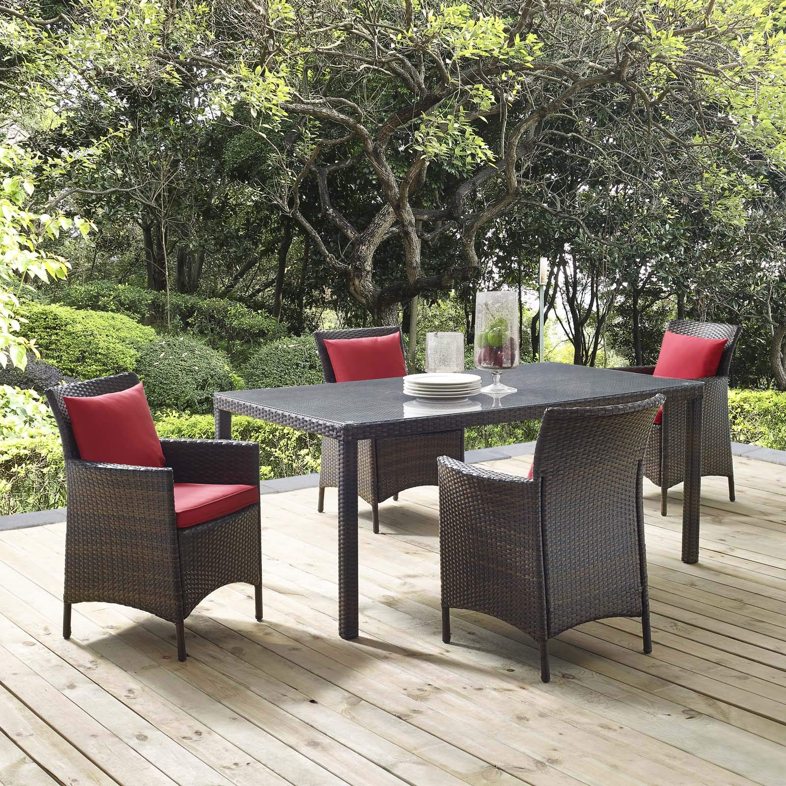 Modway EEI-3892-BRN-RED-SET 5-Piece Brown & Red Outdoor Dining Set - Weather-Resistant Patio Furniture for Backyard, Garden & Poolside Dining