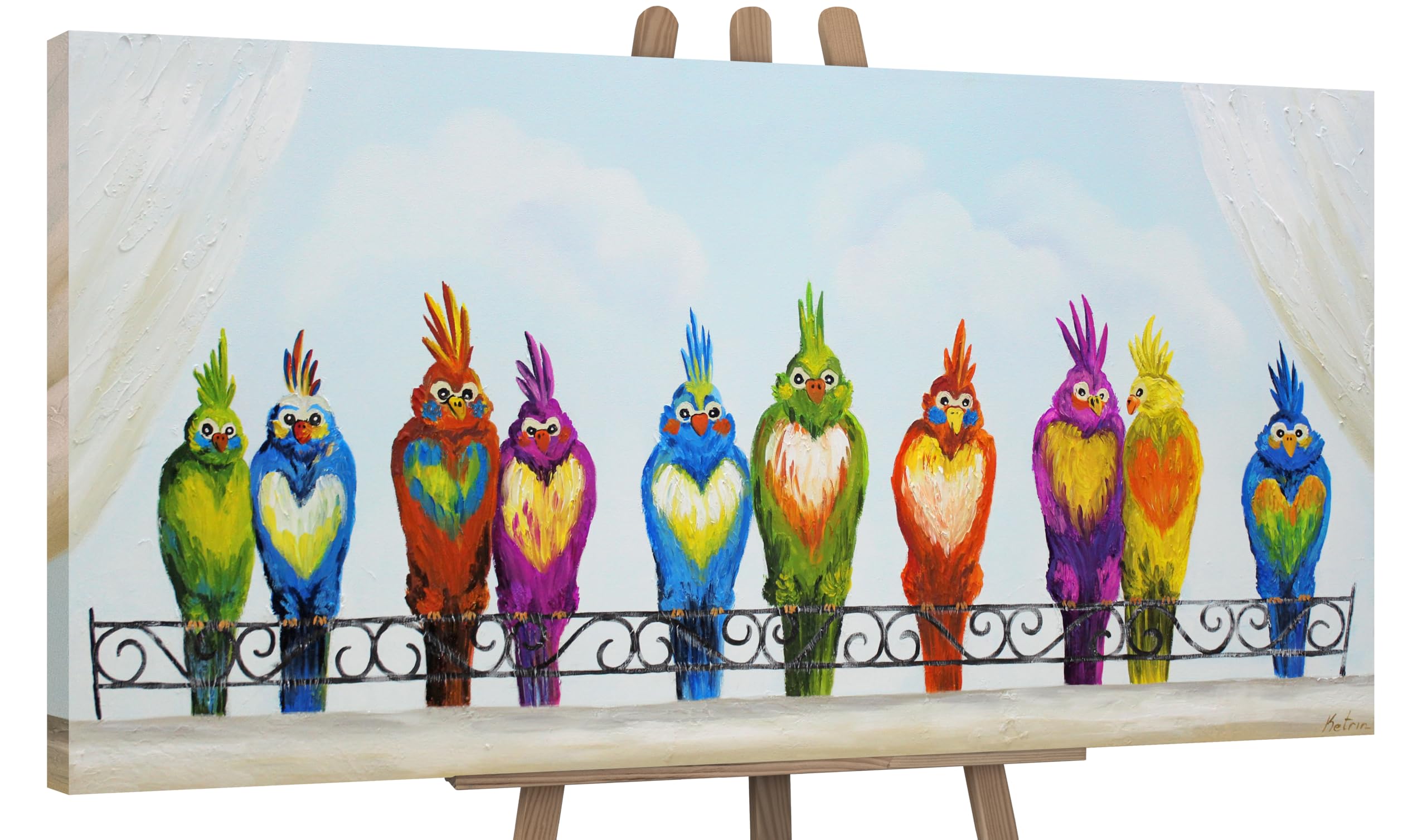 YS-Art Hand-Painted Acrylic Canvas Painting - Colorful Funny Parrots Modern Wall Art - Nursery Decor 55x28 Inch - Perfect for Kids' Rooms, Living Room & Office Wall Decor