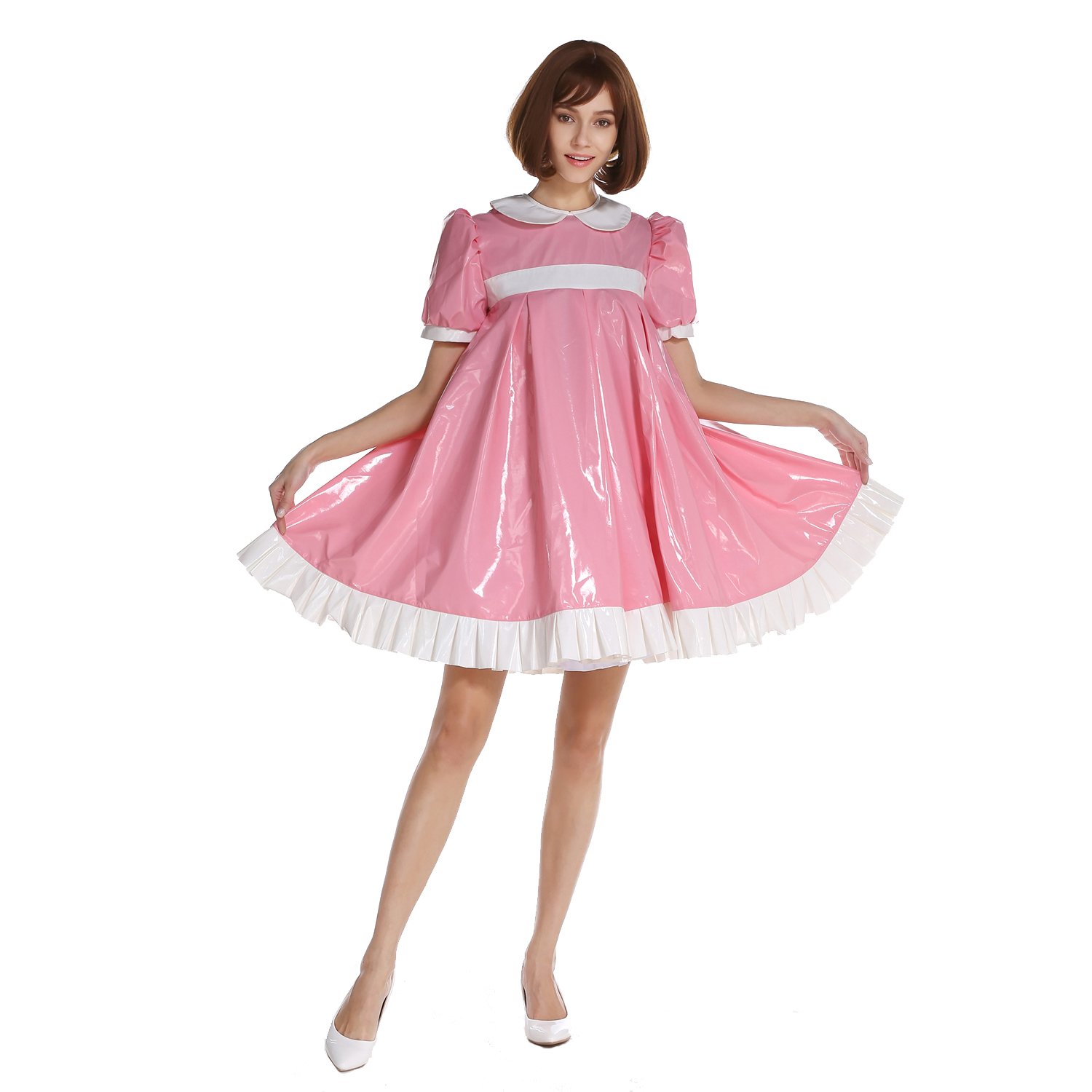 Sexy French Maid Costume for Women - Pink PVC A-Line Dress Crossdressing Uniform | Halloween, Cosplay, Role Play Outfit