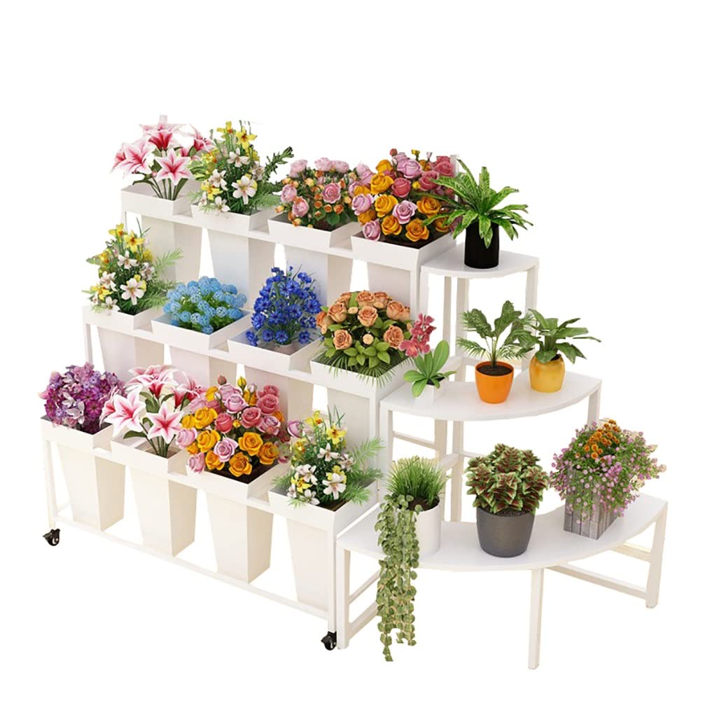 Heavy Duty 3-Tier Flower Display Stand with 12 Buckets & Wheels, 33 Inch Tall Rolling Plant Cart for Florist, Garden, Patio - Perfect for Flower Arrangements, Nursery Storage & Outdoor Decor (White)