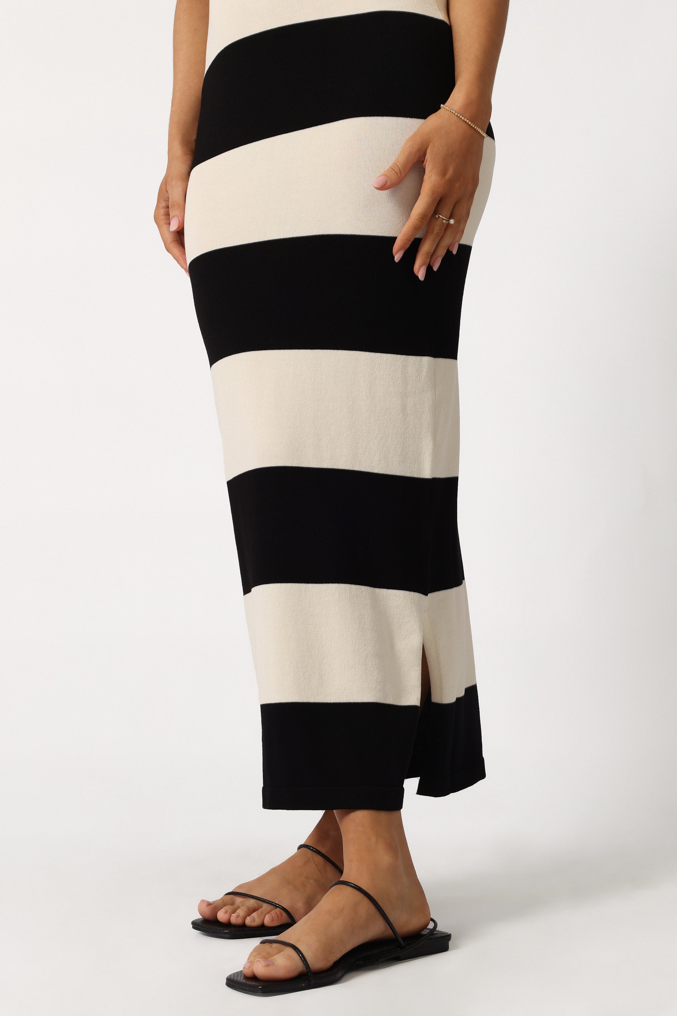 Bridget Midi Dress - Cream & Black Striped Floral Summer Dress for Women | Casual Office Wear, Date Night Outfit, Wedding Guest Dress
