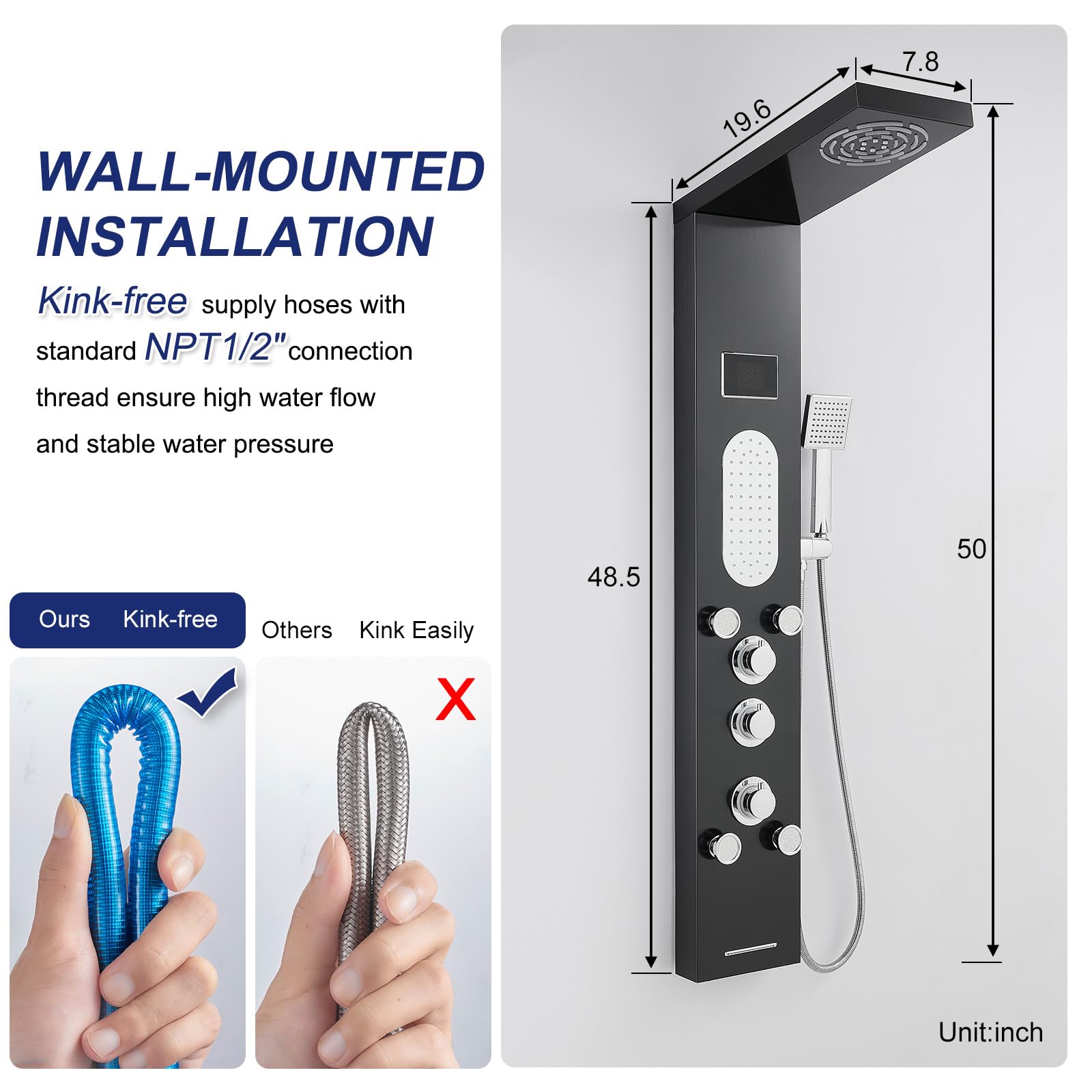ROVATE LED Shower Panel Tower System - Hydroelectric LED Lights & Temperature Display, Black Shower Column with Rainfall & Mist Shower, 2 Body Jets, Handheld & Tub Spout | Perfect for Modern Bathroom Renovation & Spa-Like Shower Experience