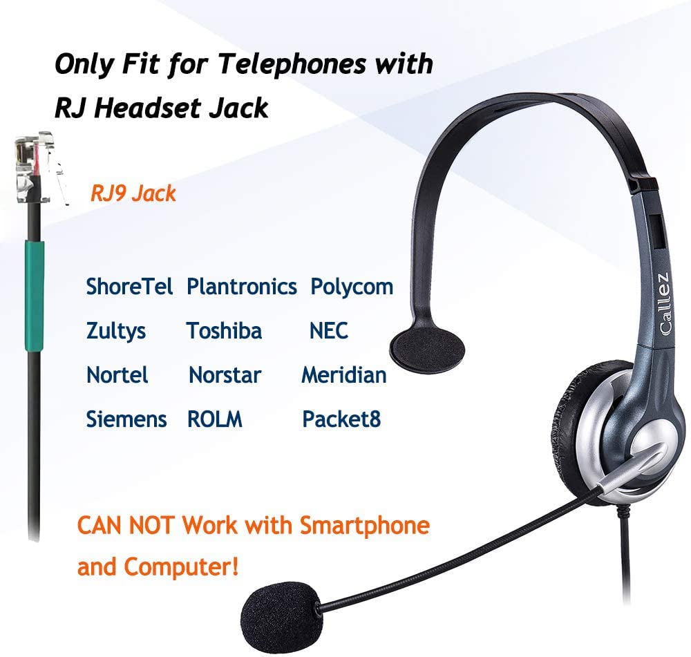 Callez Wired Mono Headset for Call Centers - RJ9 Phone Headset with Noise Canceling Microphone | Compatible with ShoreTel 480, Plantronics T10, Polycom, Zultys, Toshiba, NEC DT300 & Landline Deskphones (C300A2) | Perfect for Office, Customer Service & Remote Work
