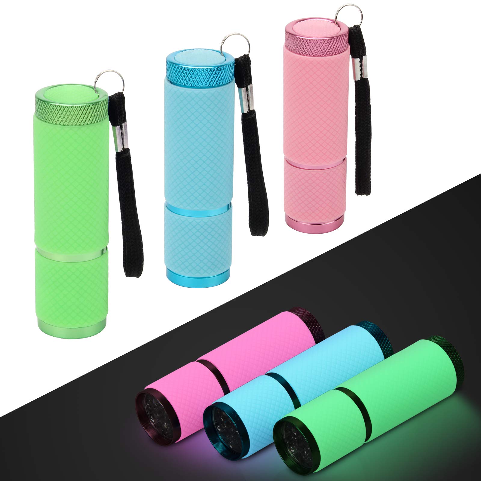 AHIER 9 LED Glow in Dark Flashlights - Rubber Coated Small Flashlight with Wrist Strap, Portable Mini Torch for Camping, Hiking, Emergency, Power Outage, Home Use - 6 Pack (3 Colors) - Perfect for Nighttime Adventures & Indoor Safety