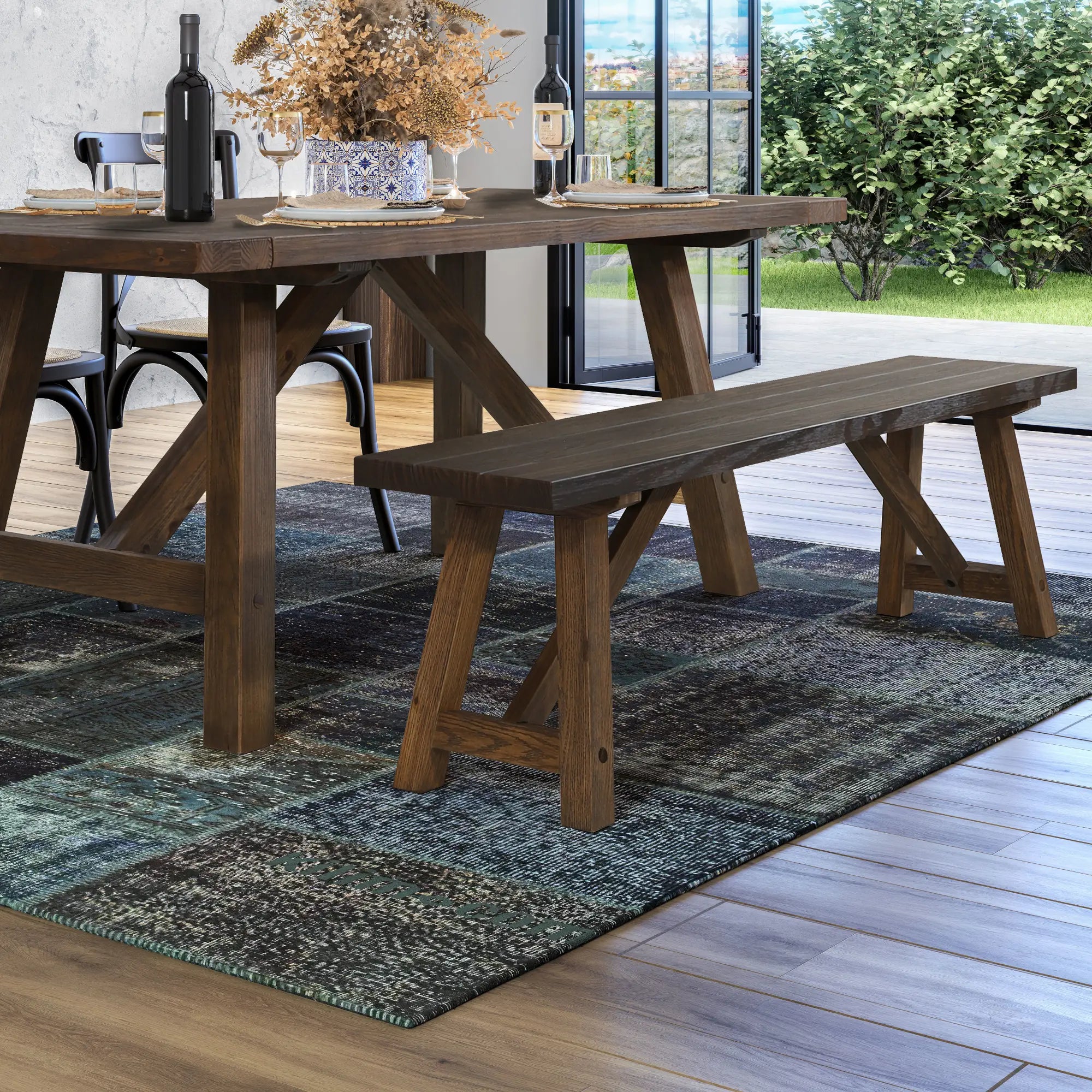 Solid Wood Bench - Cascais Style Handcrafted Wooden Bench for Patio, Garden, or Entryway - Durable & Weather-Resistant Outdoor Seating