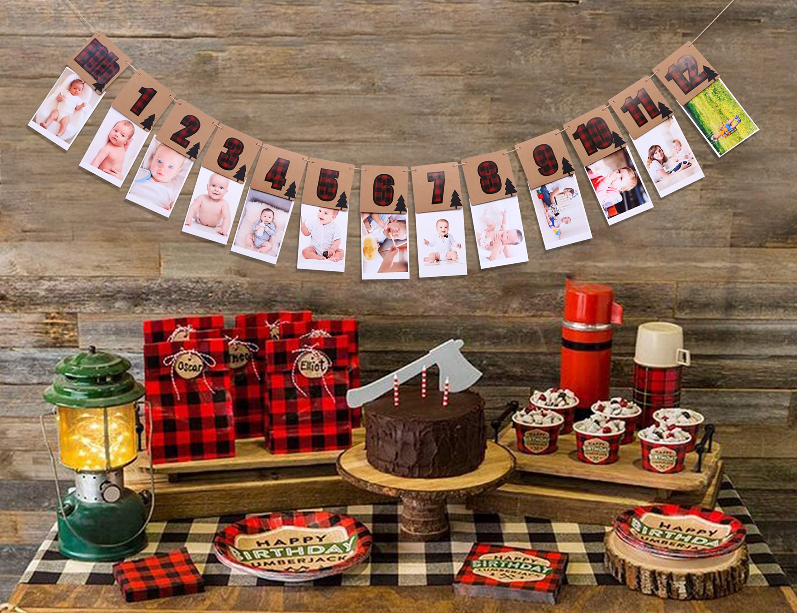 Lumberjack 1st Birthday Photo Banner - Woodland Theme 12 Month Milestone Decor for Baby's First Birthday Party, Cake Smash, Photo Props & Nursery Wall Decor